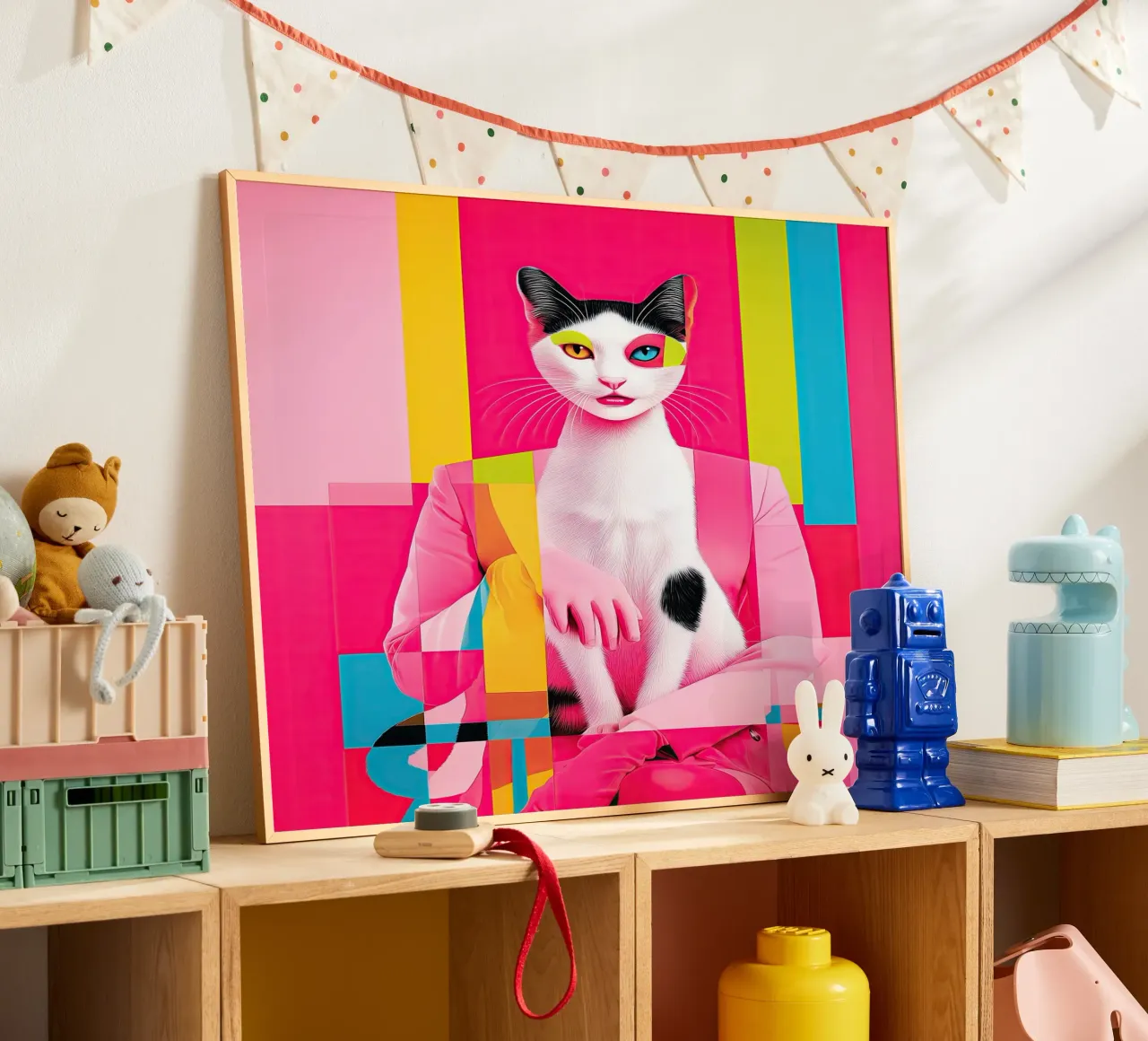 Karma Is A Cat | Pittura surreale di un gatto poster con telaio in plastica da Autofocus