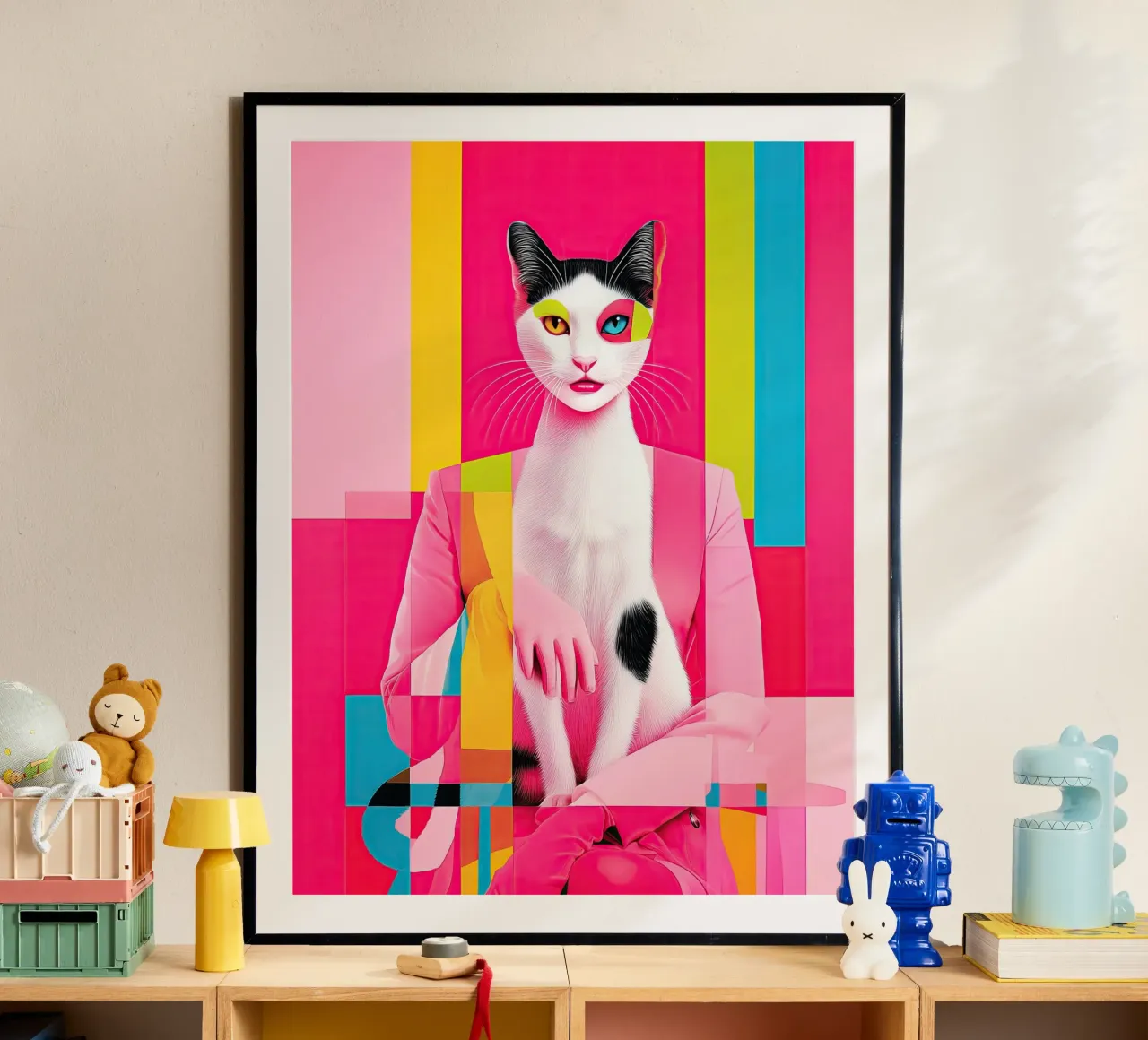 Karma Is A Cat | Pittura surreale di un gatto poster con telaio in plastica da Autofocus