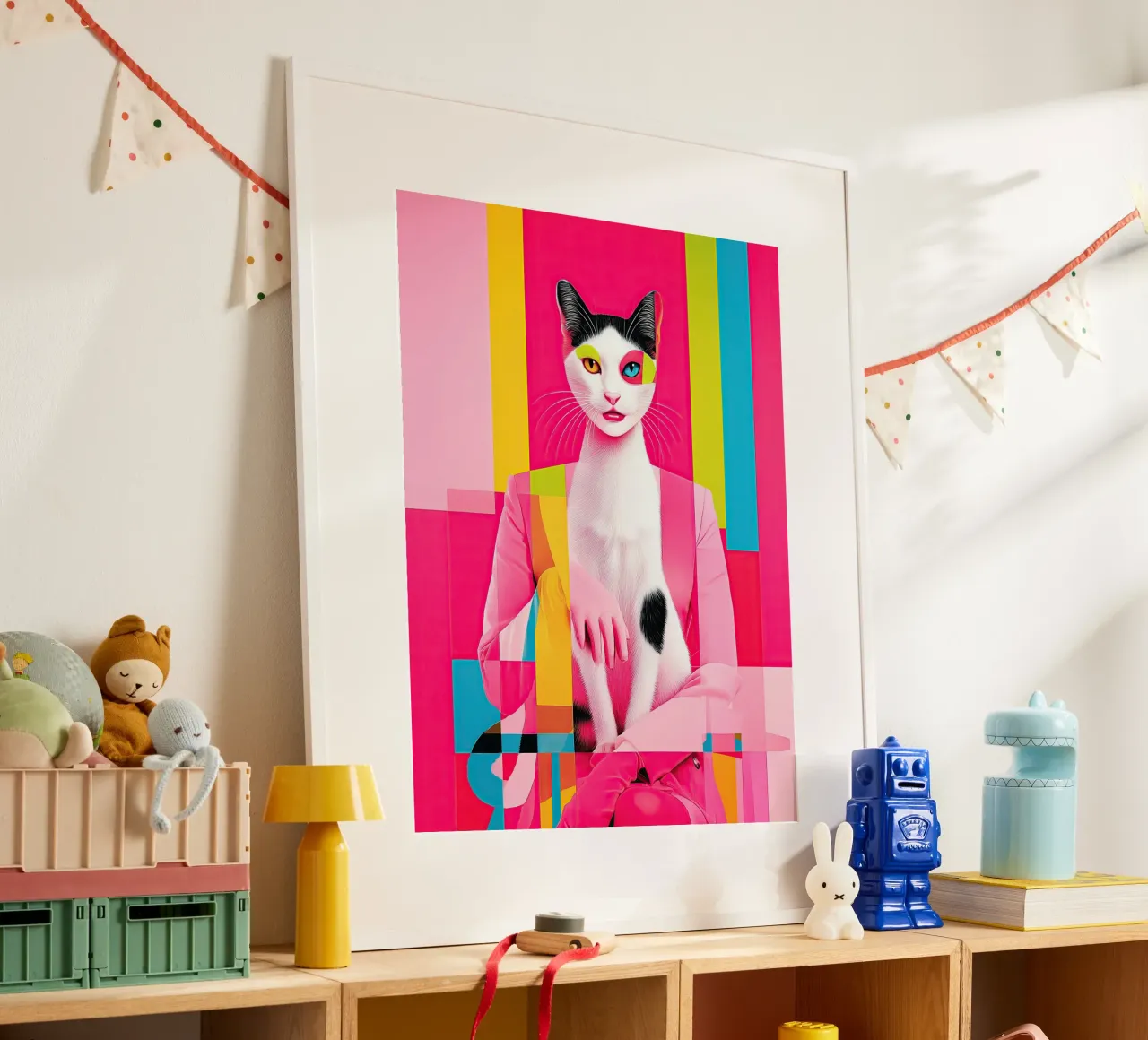 Karma Is A Cat | Pittura surreale di un gatto poster con telaio in plastica da Autofocus