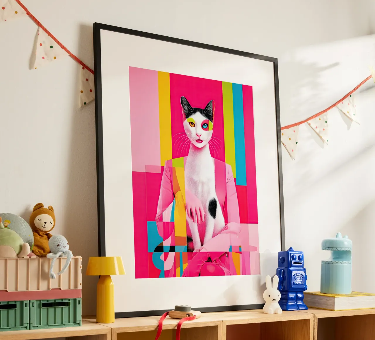 Karma Is A Cat | Pittura surreale di un gatto poster con telaio in plastica da Autofocus