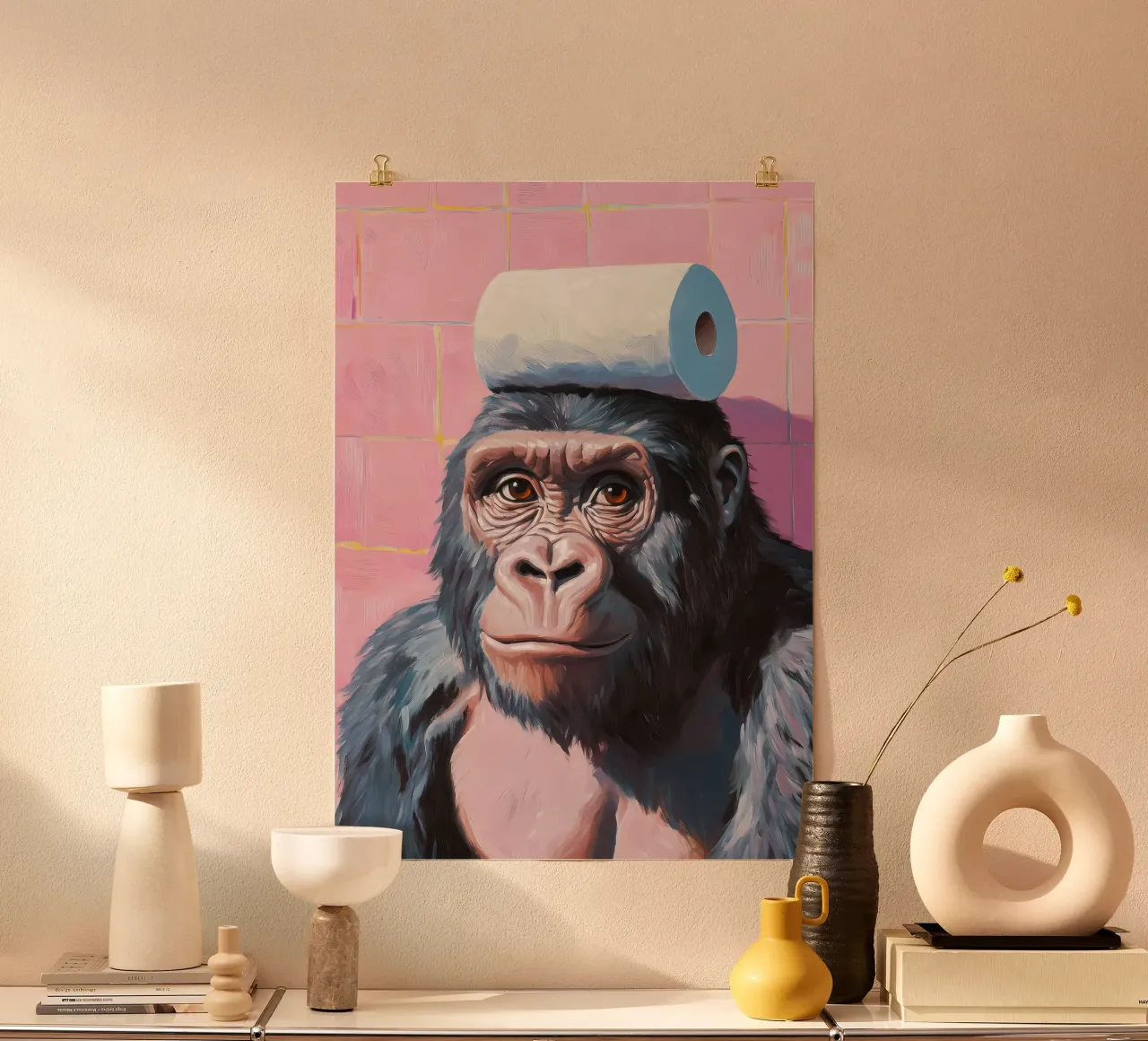 Gorilla con carta igienica poster con telaio in plastica da Adrian Patel