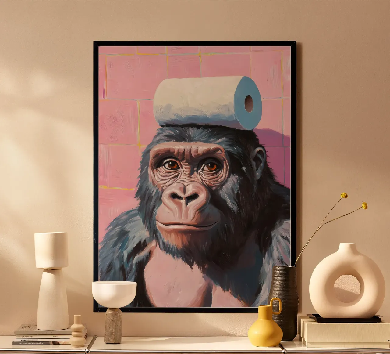 Gorilla con carta igienica poster con telaio in plastica da Adrian Patel