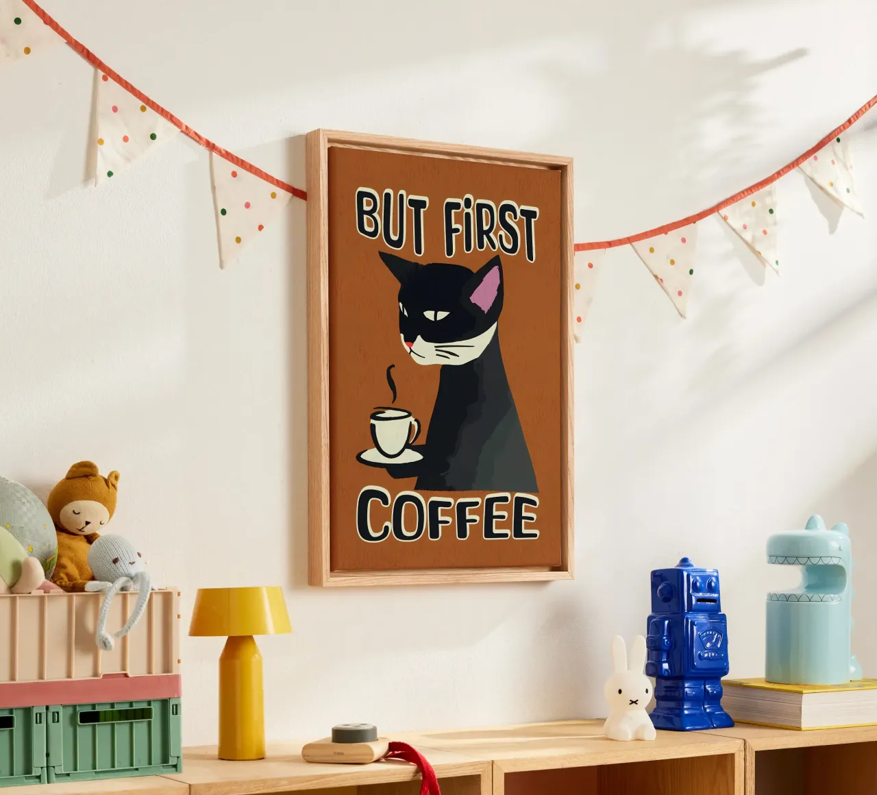 Gatto nero ma primo caffè tela con Cornice a cassetta da Bartosz Powalka