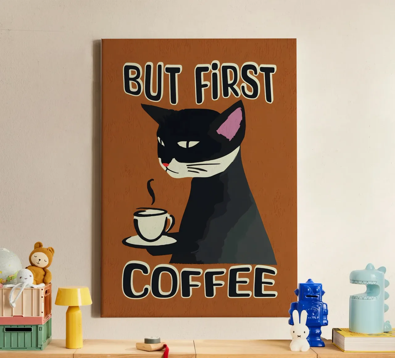Gatto nero ma primo caffè tela con Cornice a cassetta da Bartosz Powalka