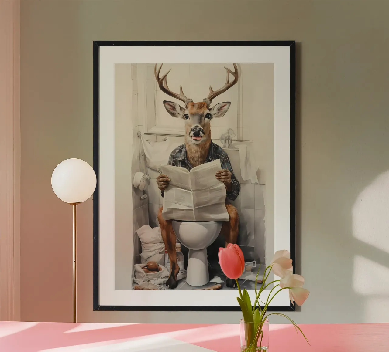 Decorazione per il bagno con cervi poster con telaio in legno da Adrian Patel