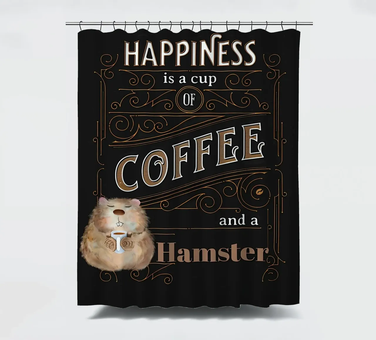 Happiness is Coffee & Hamster shower curtain by Bartosz Powalka