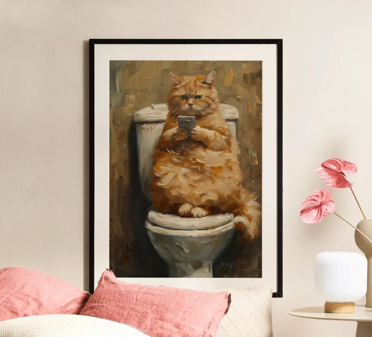 Telefono per gatti SMS per la toilette poster con telaio in plastica da Adrian Patel