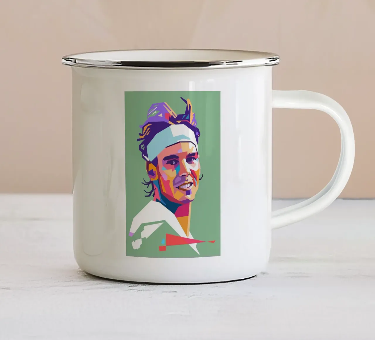 Ritratto pop art del tennista Rafael Nadal tazza in smalto da Hantamrata