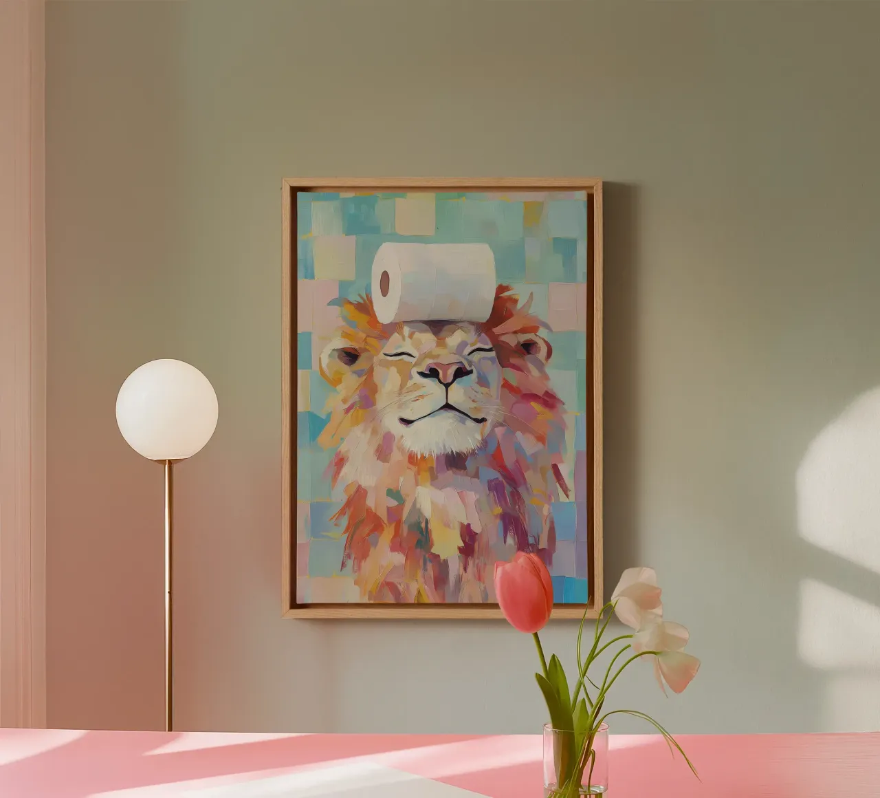 Leeuw met wc-papier canvas met Baklijst van Adrian Patel