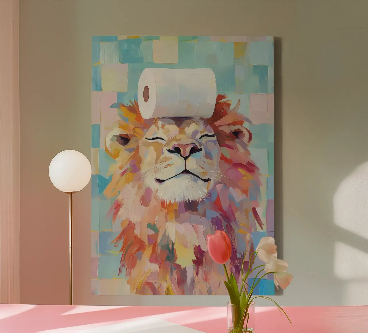 Leeuw met wc-papier canvas met Baklijst van Adrian Patel