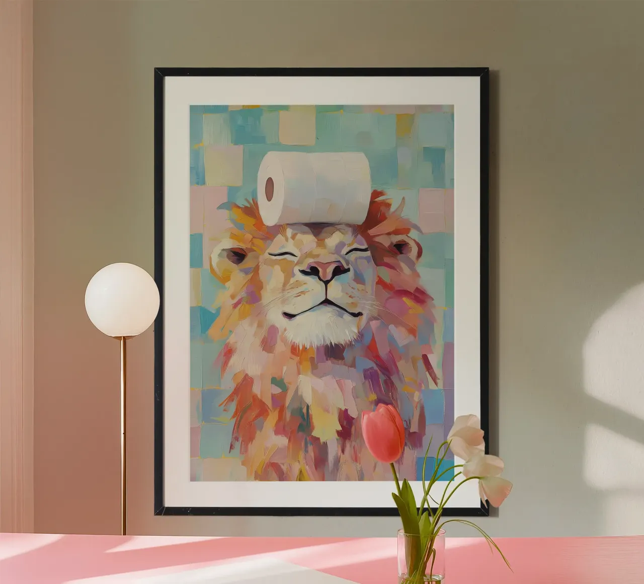Leone con carta igienica poster con telaio in plastica da Adrian Patel