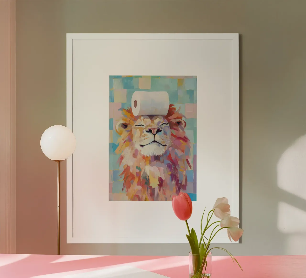 Leone con carta igienica poster con telaio in plastica da Adrian Patel