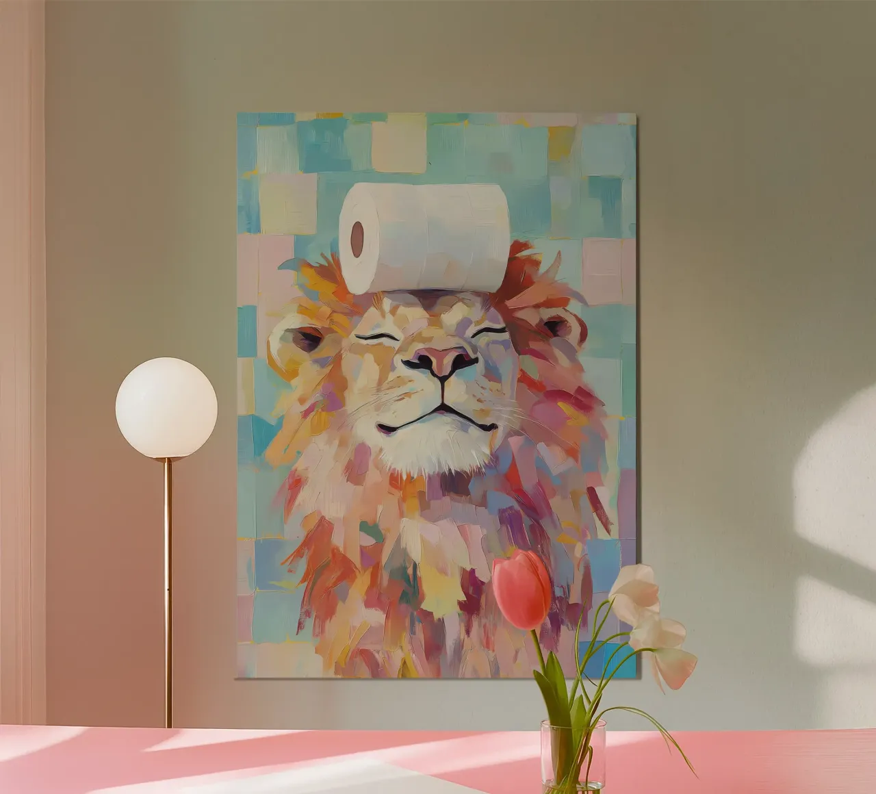 Leone con carta igienica poster con telaio in plastica da Adrian Patel