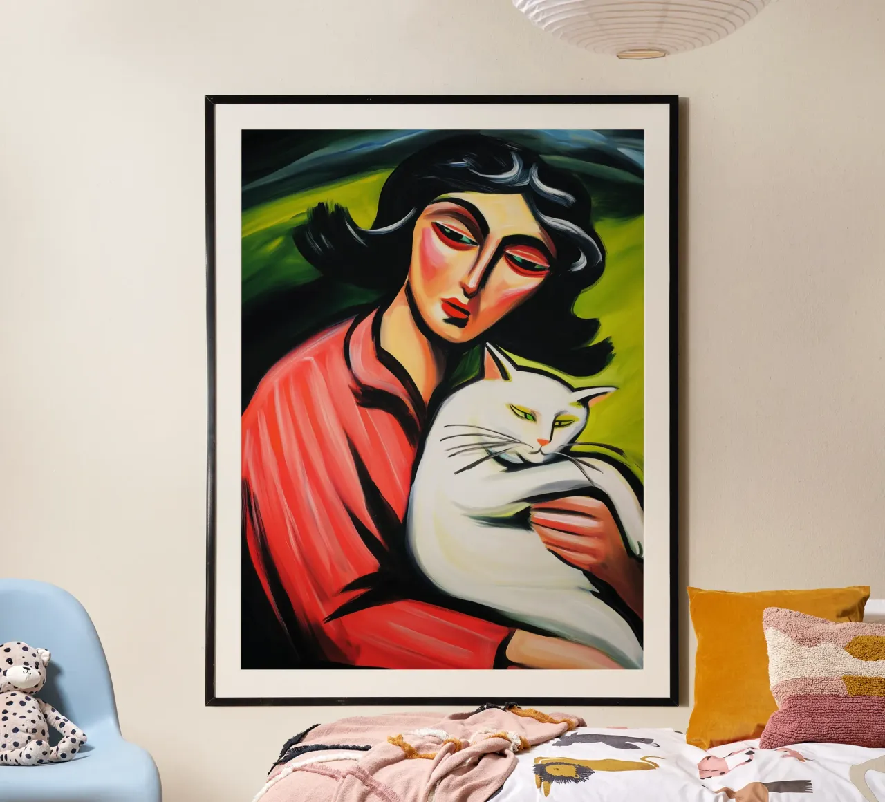Vrouw met witte kat | Expressionistisch schilderij hahnemühle van Autofocus