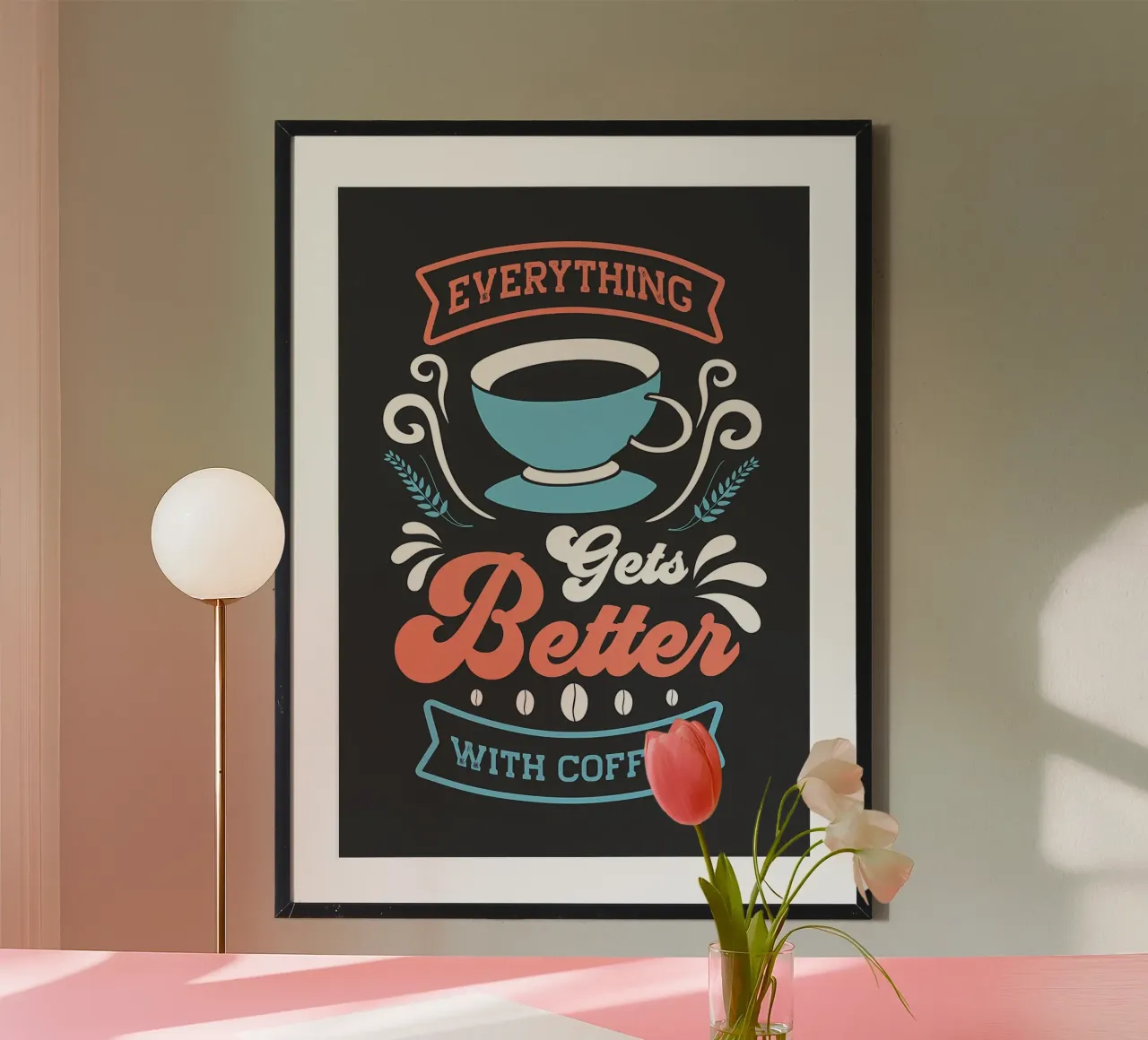 Meglio con il caffè poster con telaio in legno da Bartosz Powalka