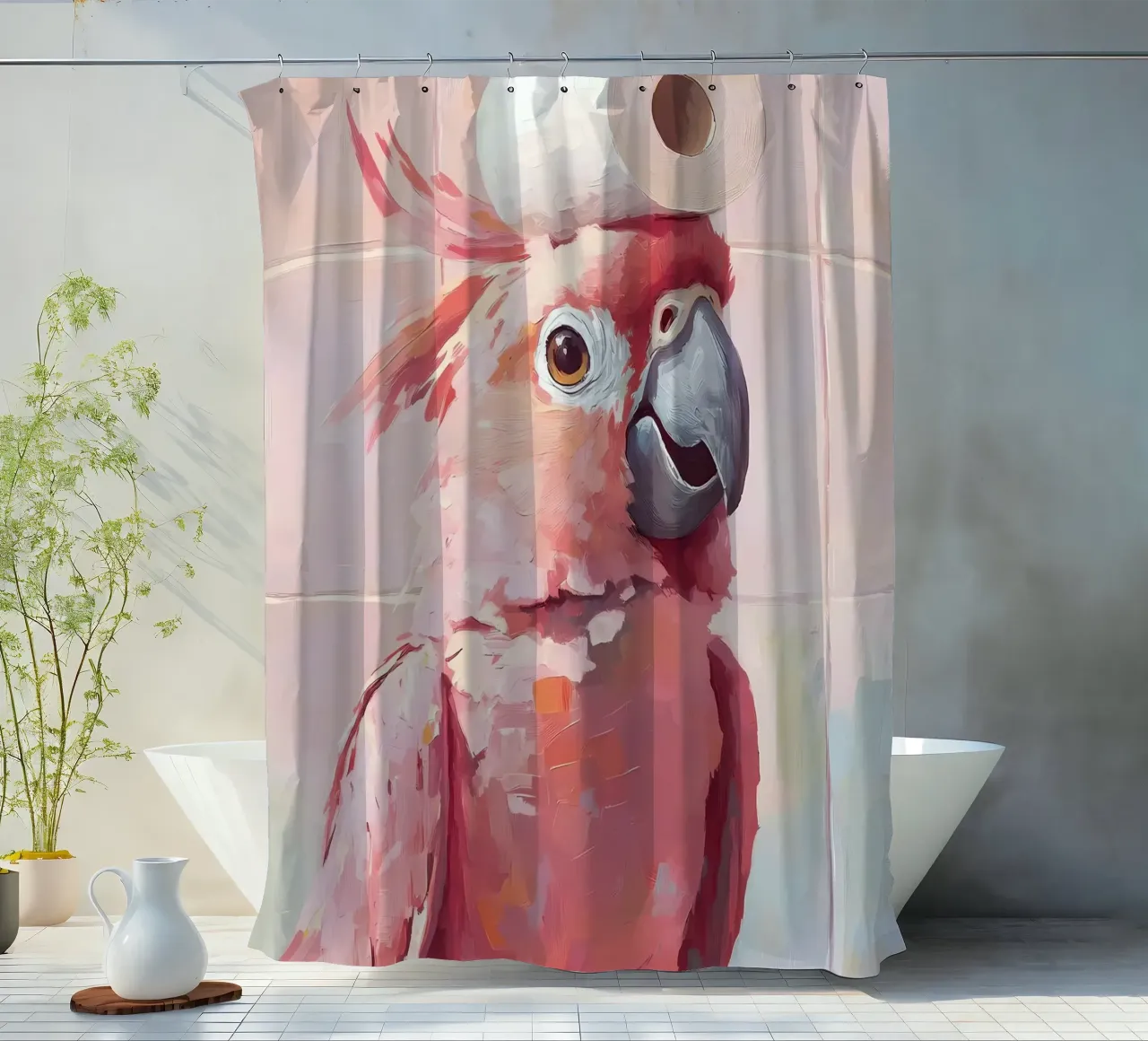 Pink Cockatoo with Toilet Paper shower curtain by Adrian Patel