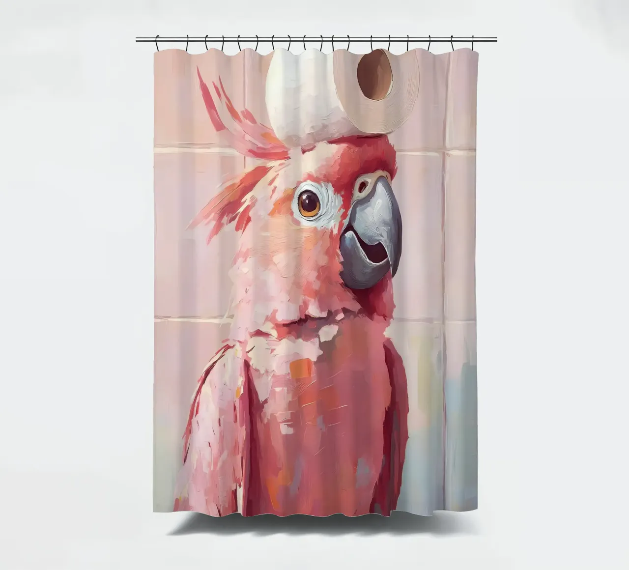 Pink Cockatoo with Toilet Paper shower curtain by Adrian Patel