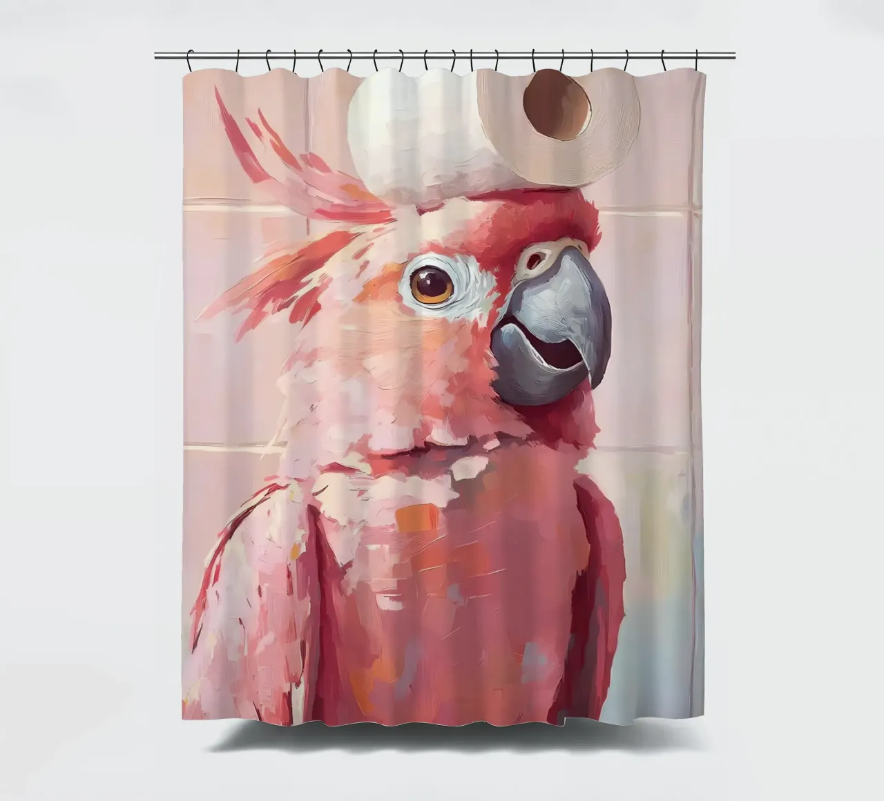 Pink Cockatoo with Toilet Paper shower curtain by Adrian Patel