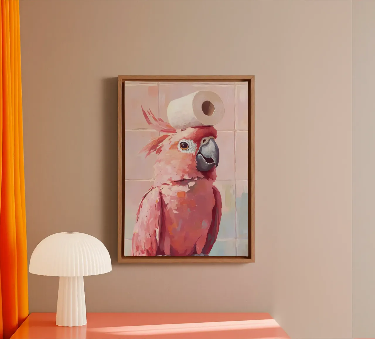 Roze kaketoe met toiletpapier canvas met Baklijst van Adrian Patel