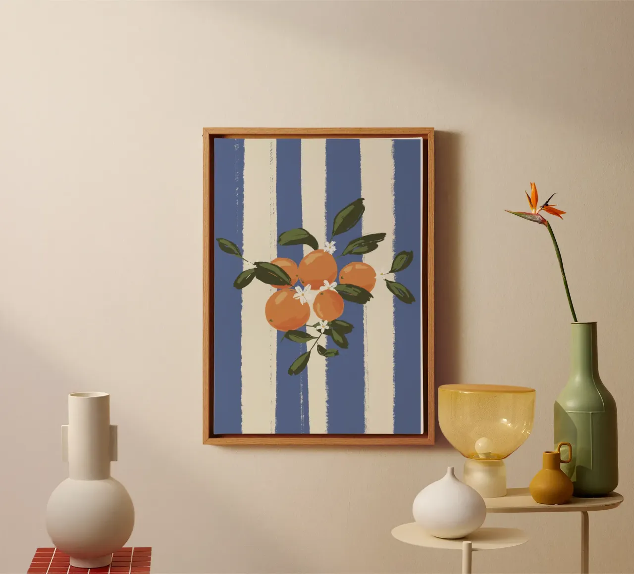 Orange on blue stripes canvas with Floater frame by Sixmai