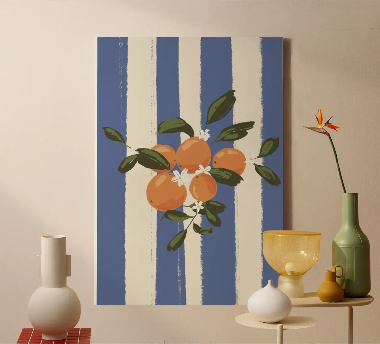 Orange on blue stripes canvas with Floater frame by Sixmai