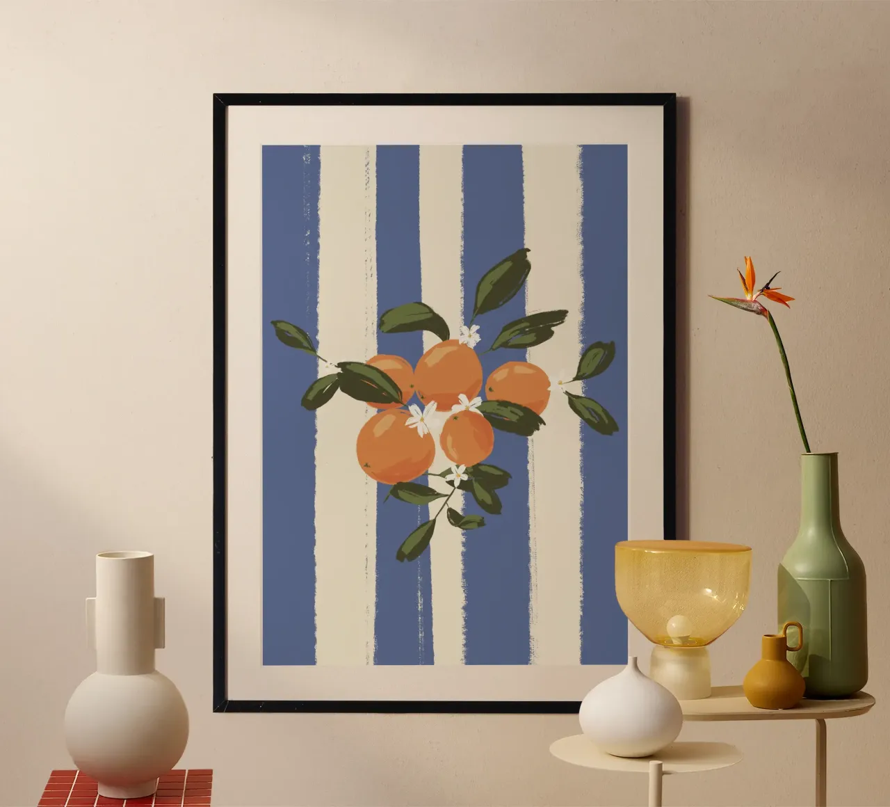 Arancione su strisce blu poster con telaio in alluminio da Sixmai