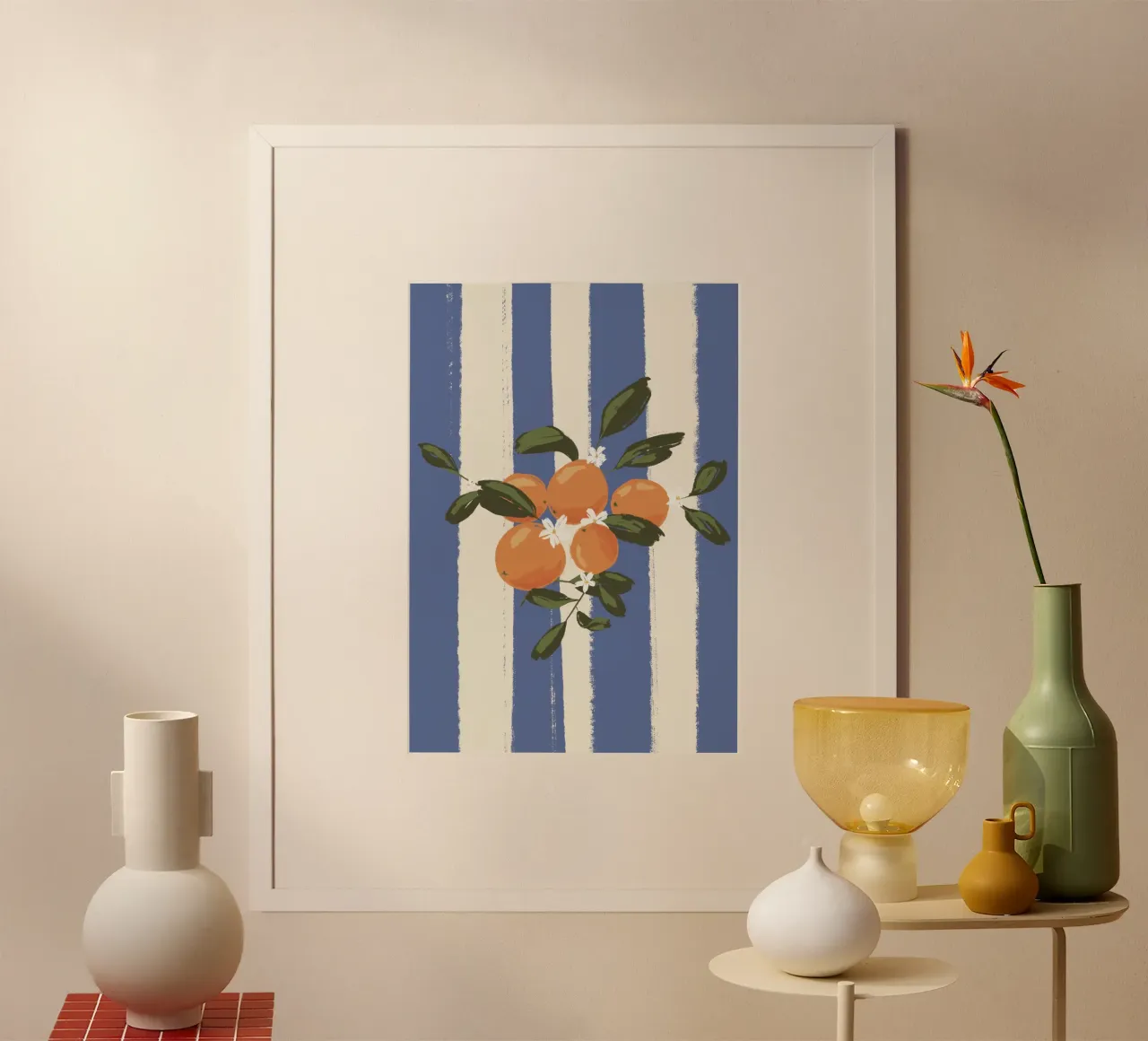 Arancione su strisce blu poster con telaio in alluminio da Sixmai