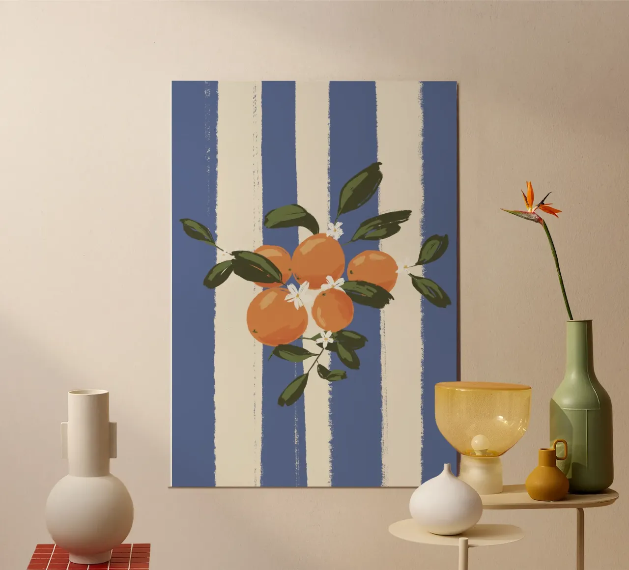 Arancione su strisce blu poster con telaio in alluminio da Sixmai