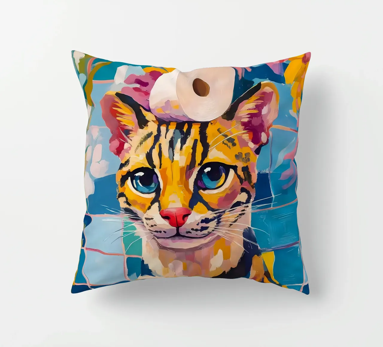 Cat with Toilet Paper decorative cushion by Adrian Patel