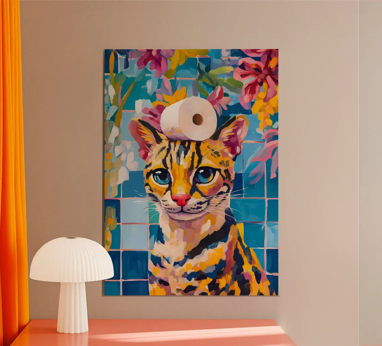 Gatto con carta igienica poster con telaio in legno da Adrian Patel