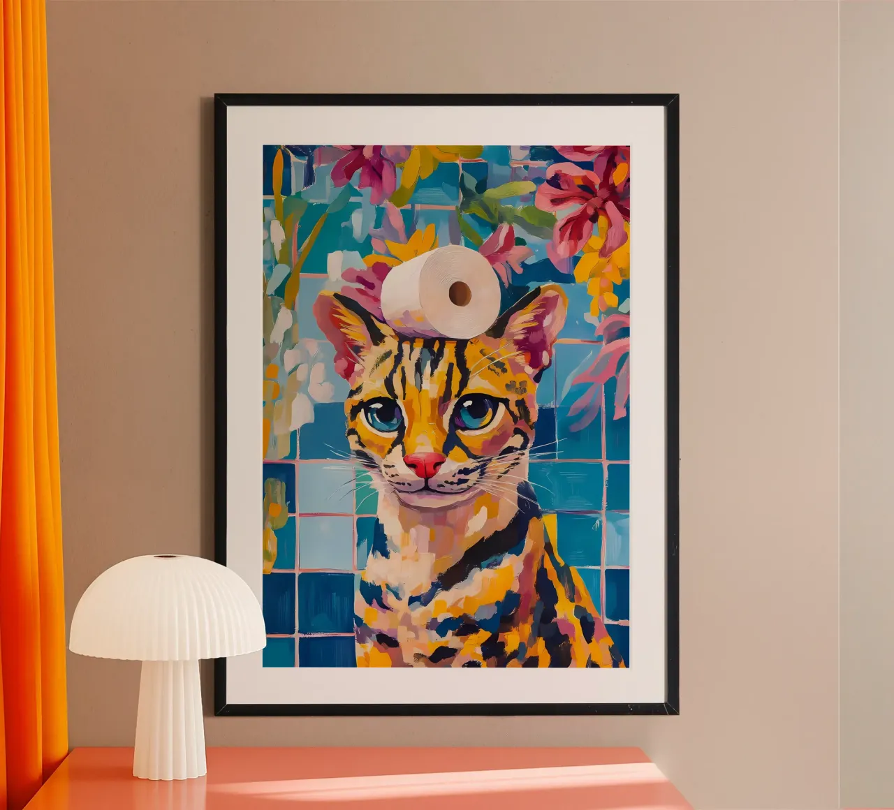 Gatto con carta igienica poster con telaio in legno da Adrian Patel
