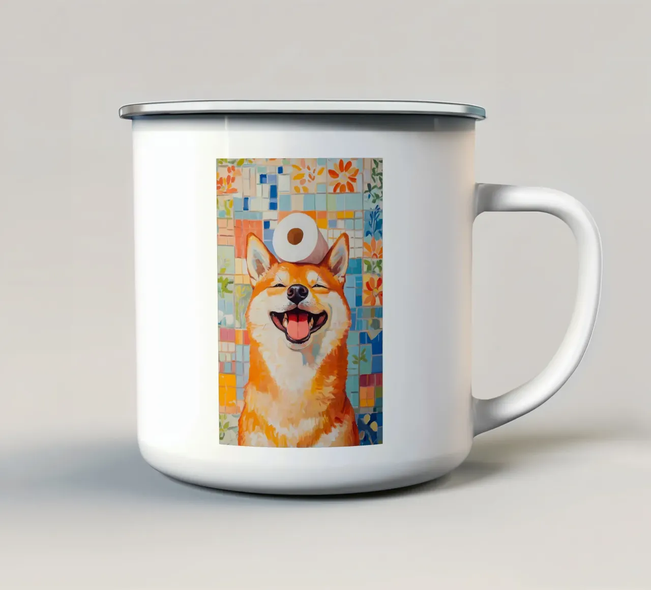 Shiba Inu sorridente con la carta igienica tazza in smalto da Adrian Patel
