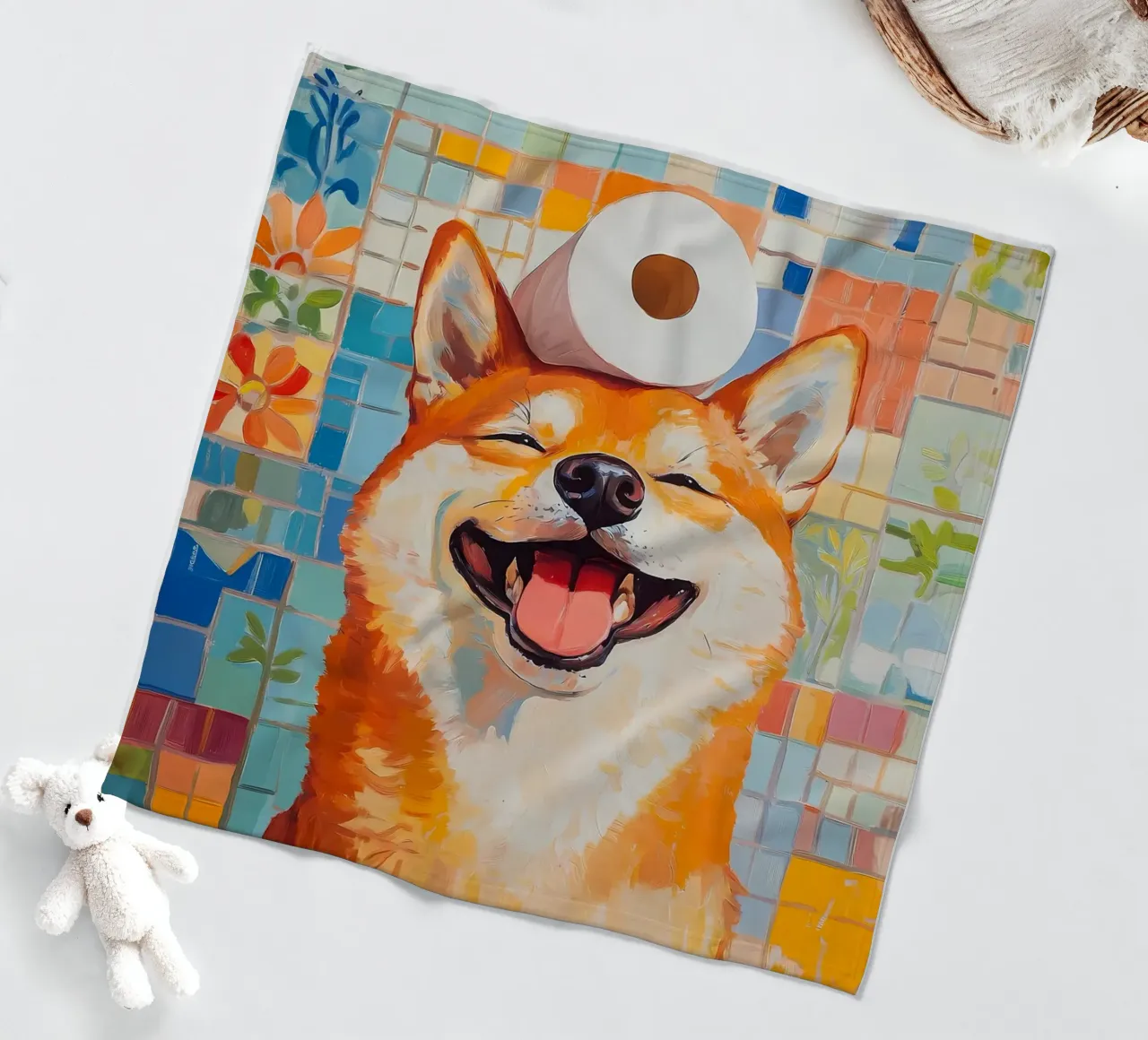 Shiba Inu sorridente con la carta igienica coperta in pile da Adrian Patel