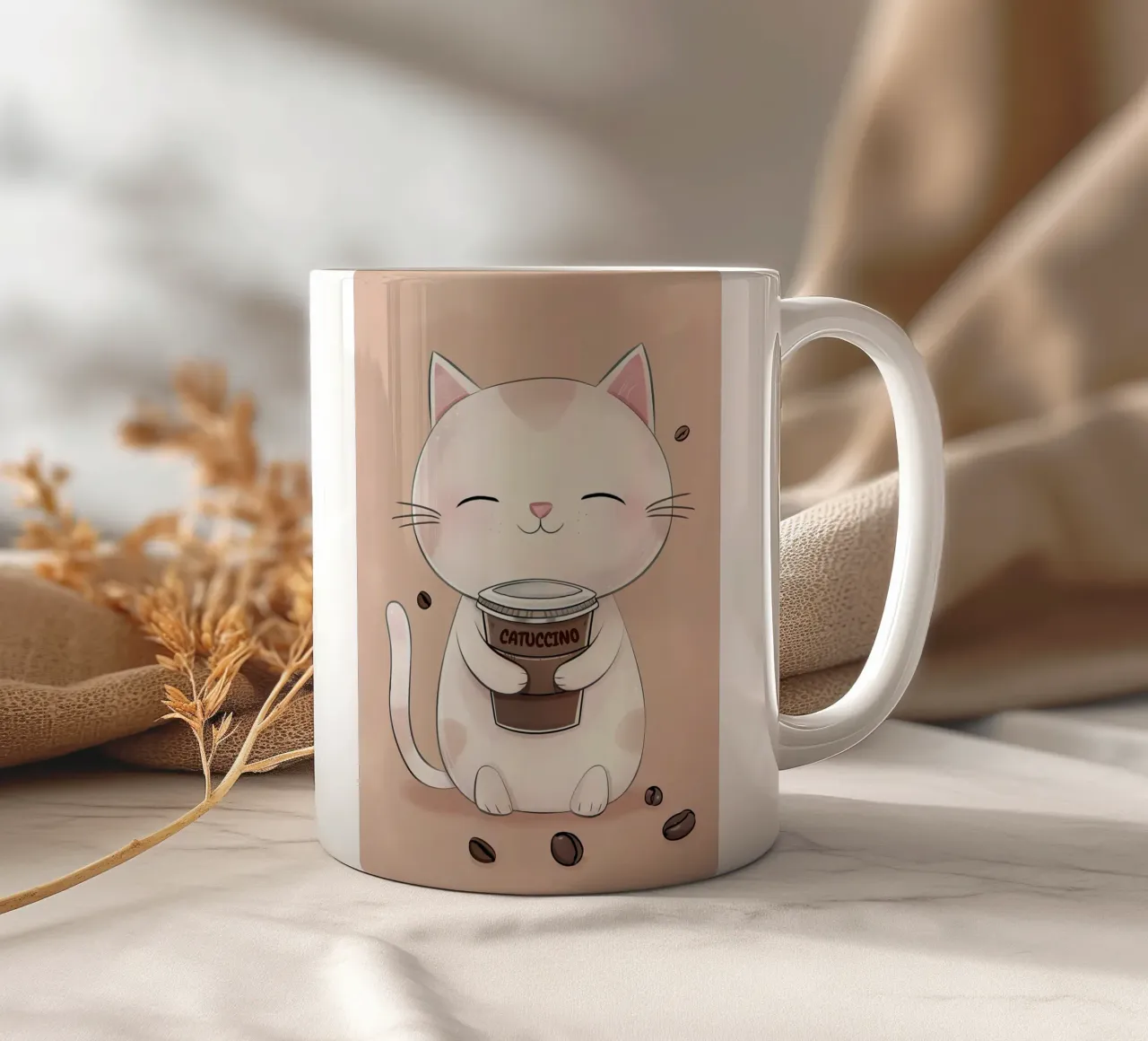 Gatto felice con caffè tazza in ceramica da Bartosz Powalka