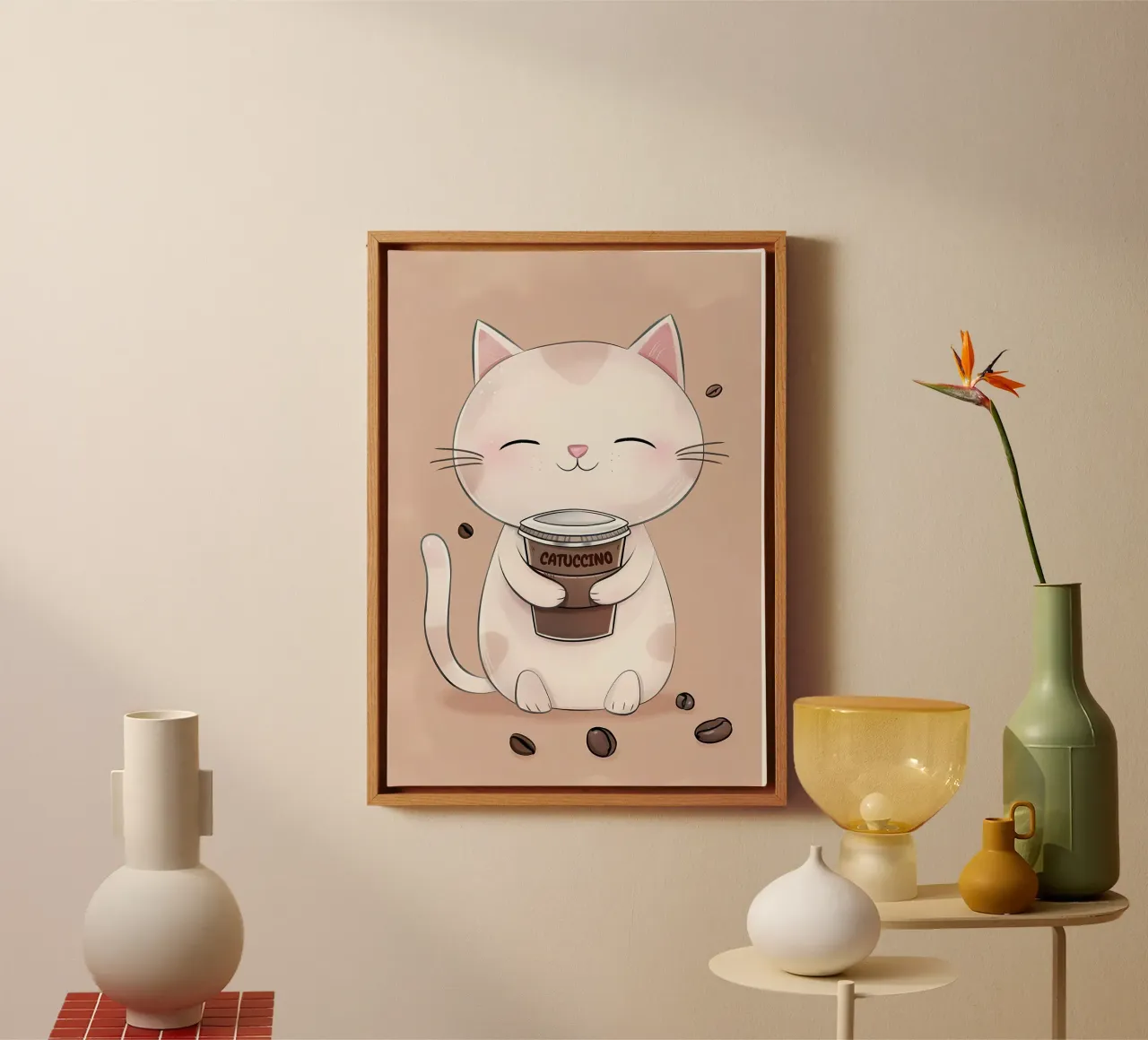 Gatto felice con caffè tela con Cornice a cassetta da Bartosz Powalka