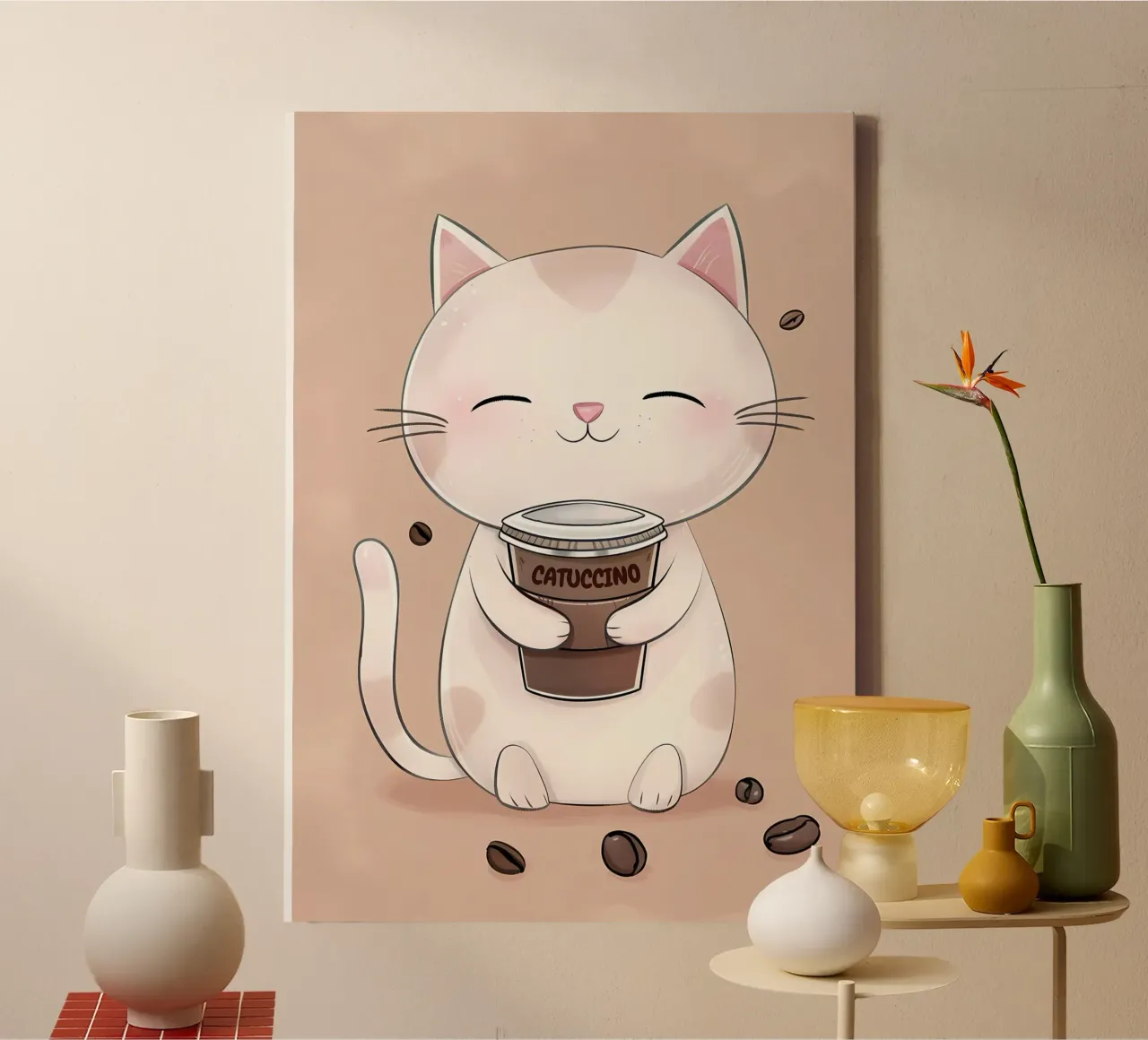 Gatto felice con caffè tela con Cornice a cassetta da Bartosz Powalka