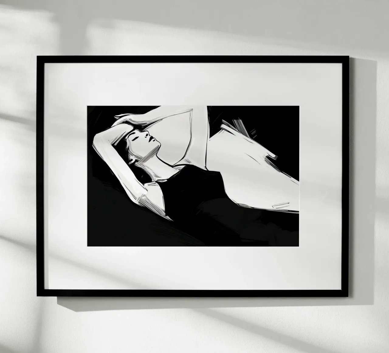 Disegno di una giovane donna rilassata in bianco e nero poster con telaio in plastica da Autofocus