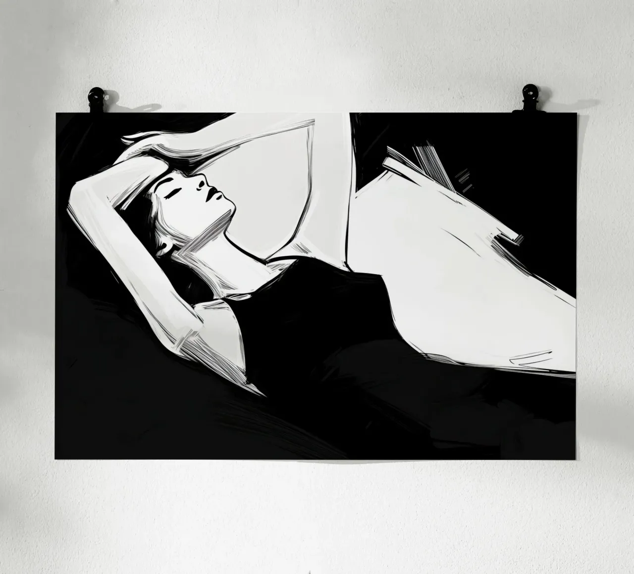 Disegno di una giovane donna rilassata in bianco e nero poster con telaio in plastica da Autofocus