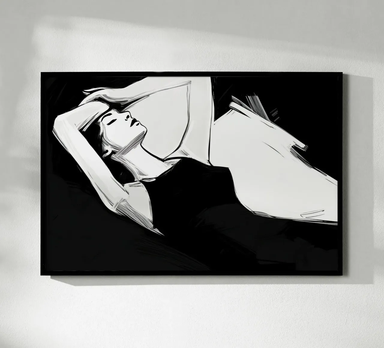 Disegno di una giovane donna rilassata in bianco e nero poster con telaio in plastica da Autofocus