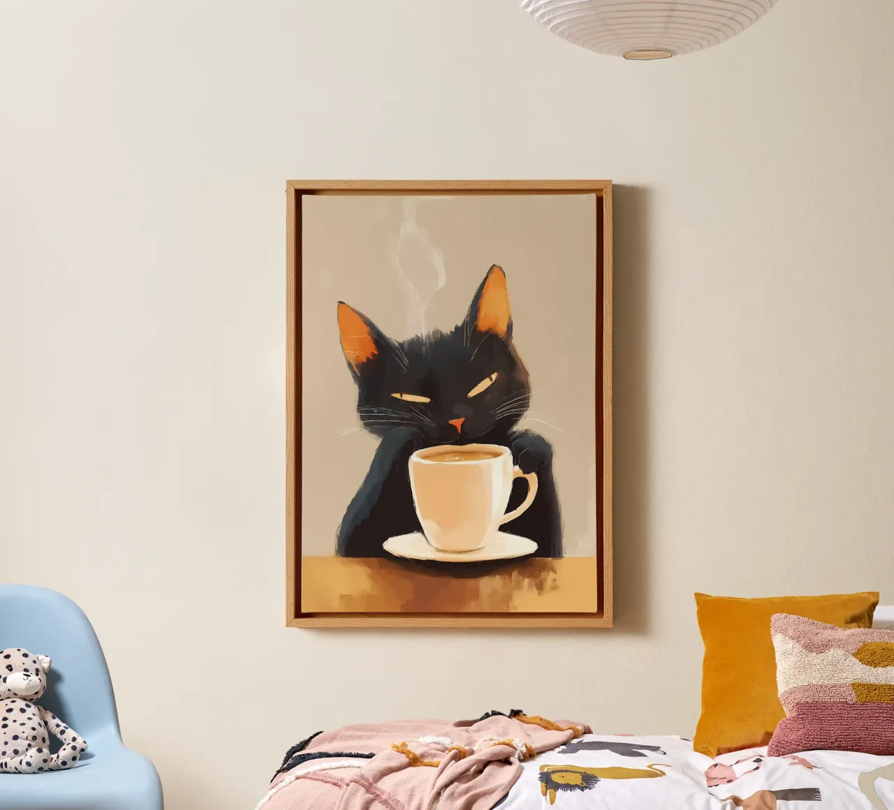 Gatto con caffè tela con Cornice a cassetta da Bartosz Powalka