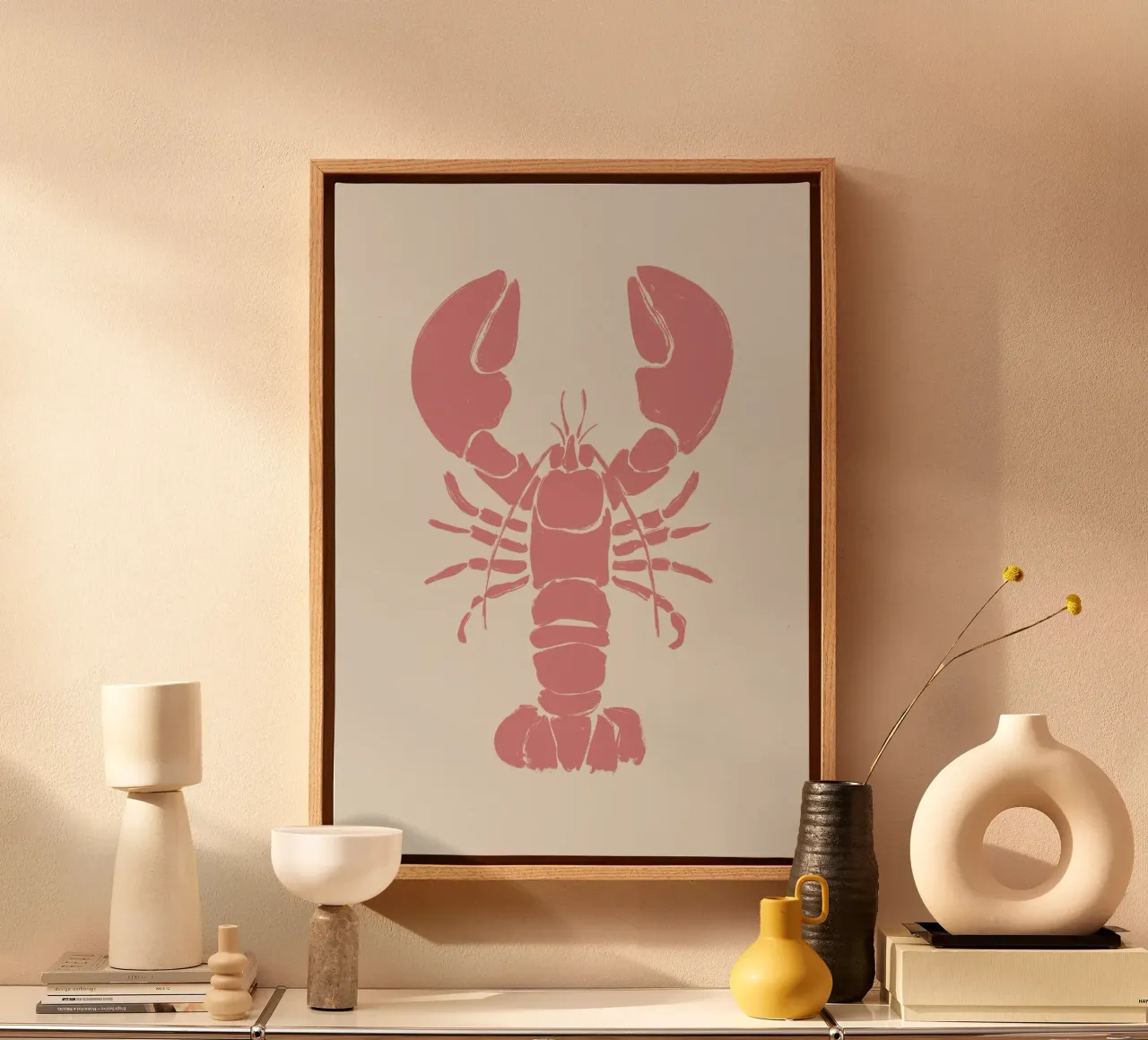 Pink lobster on a beige background. canvas by Sixmai