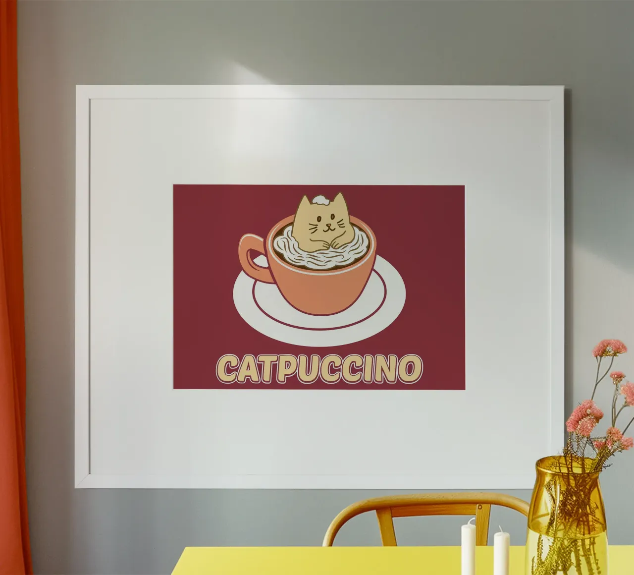 Caffè per amanti dei gatti Catpuccino poster con telaio in legno da Bartosz Powalka