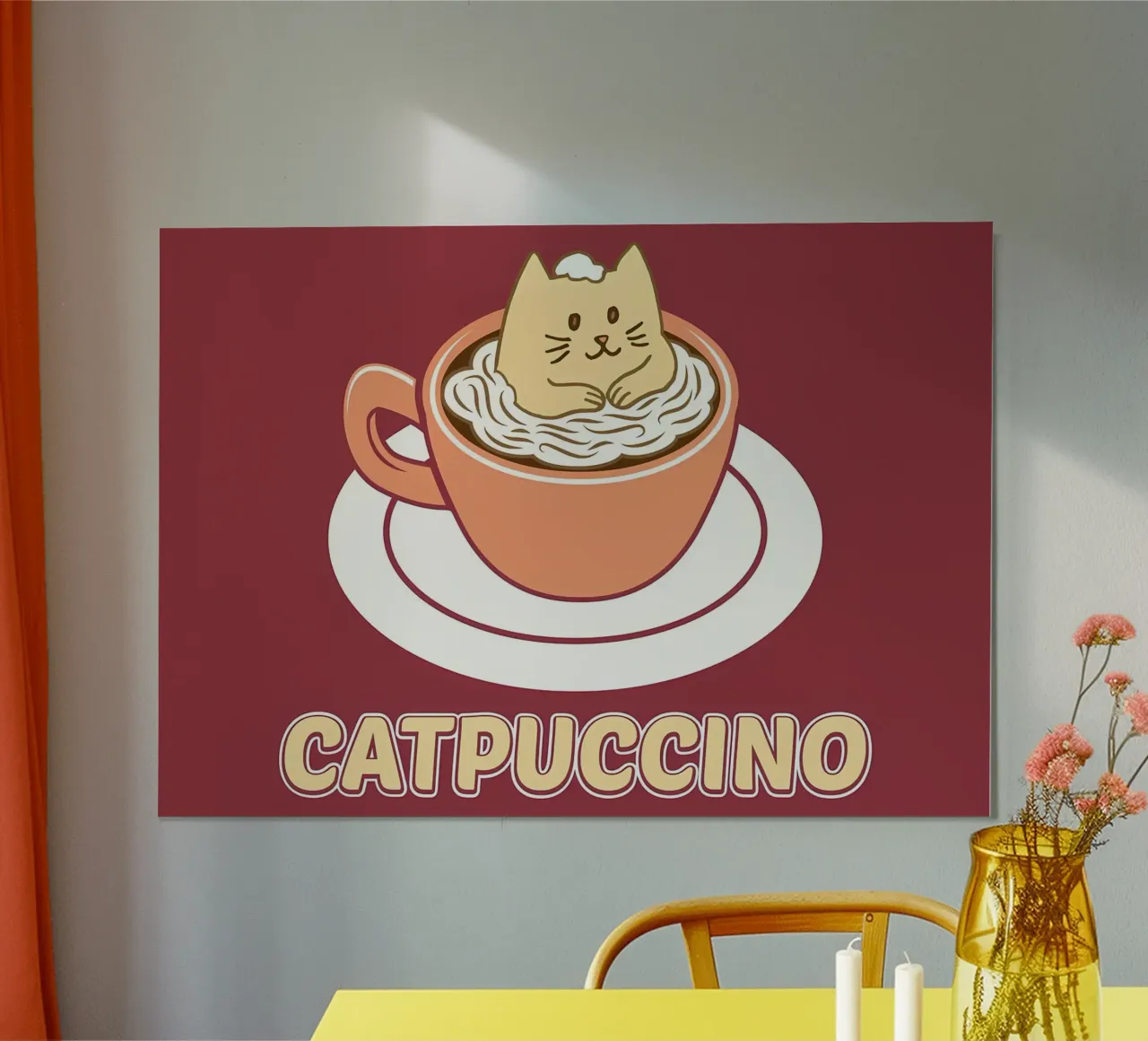 Caffè per amanti dei gatti Catpuccino poster con telaio in legno da Bartosz Powalka