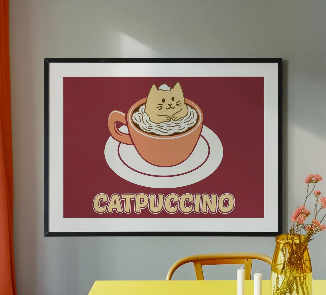 Caffè per amanti dei gatti Catpuccino poster con telaio in legno da Bartosz Powalka