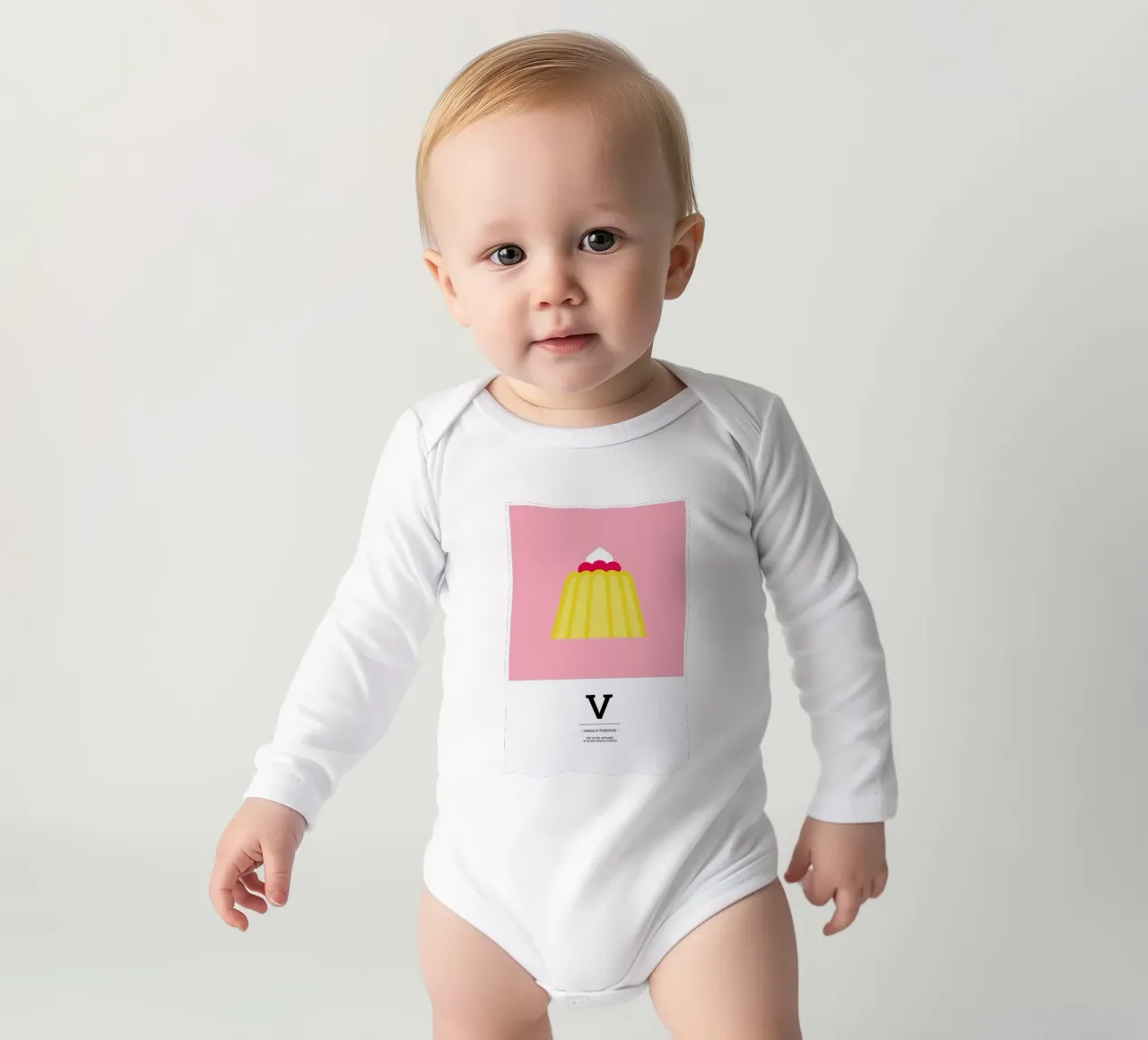 „The Food Alphabet“ - V like Vanilla Pudding long-sleeve baby romper by BLAEK Design Studio