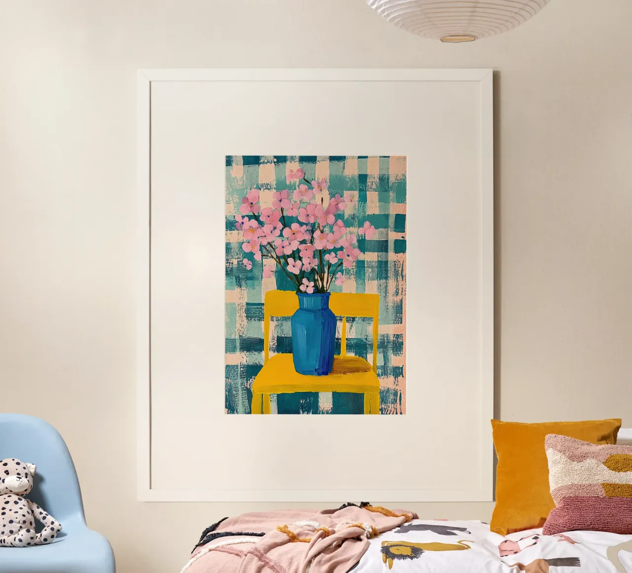 Fiori da sogno - Fiori rosa in un vaso blu poster con telaio in plastica da Nikis Art Studio