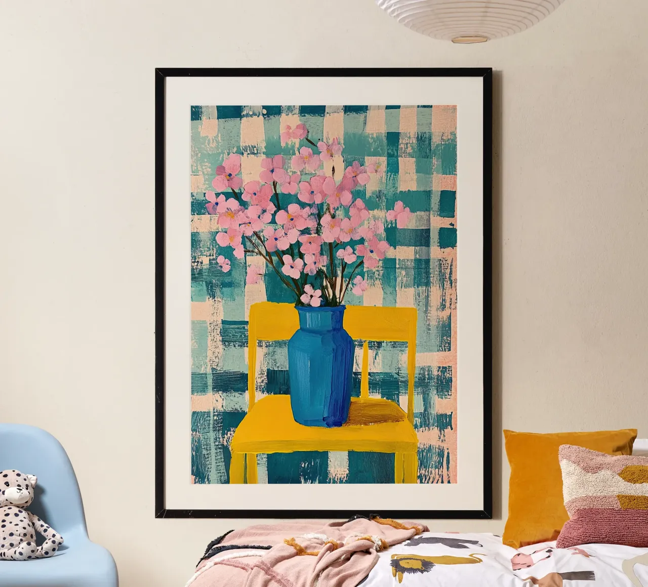 Fiori da sogno - Fiori rosa in un vaso blu poster con telaio in plastica da Nikis Art Studio