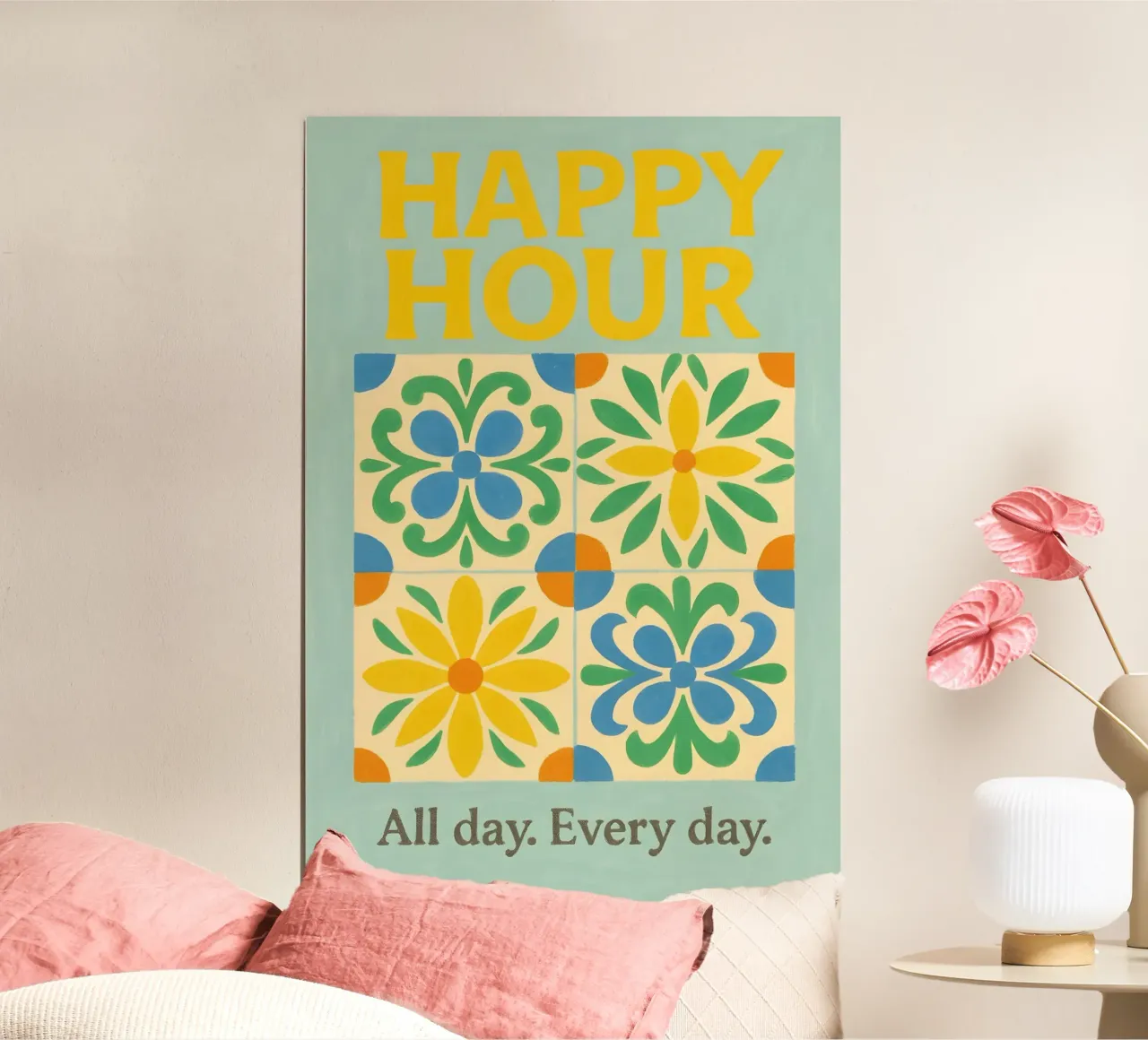Happy Hour Amalfi – Tiles, Sunshine & Spritz poster with wooden frame by Grande Bellezza