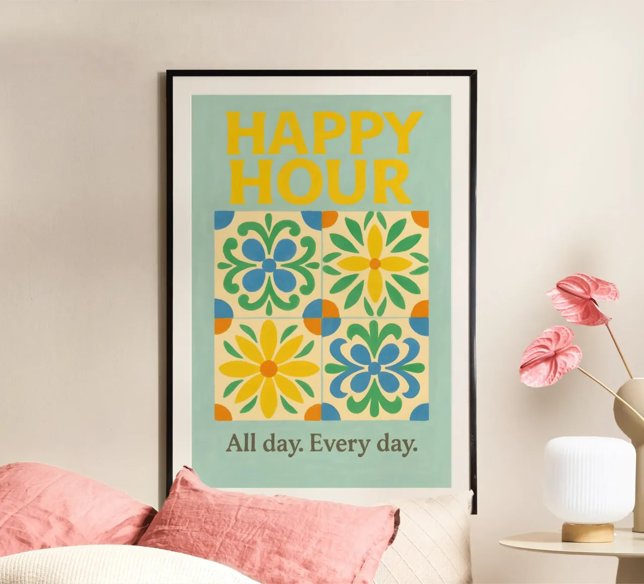 Happy Hour Amalfi – Tiles, Sunshine & Spritz poster with wooden frame by Grande Bellezza
