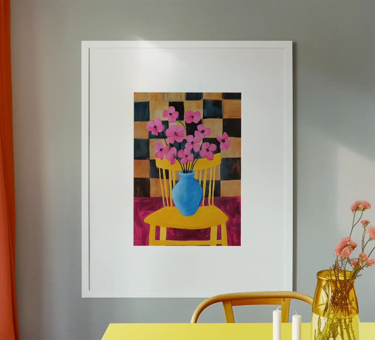 Flores estilo Matisse - Flores rosas en un jarrón azul poster con marco de aluminio de Nikis Art Studio